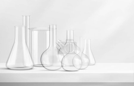 Illustration for 3d glass chemistry beaker on laboratory table. Realistic lab flask equipment for scientific test. Chemical measure bottle for research experiment. Biotechnology composition with clear erlenmeyer - Royalty Free Image