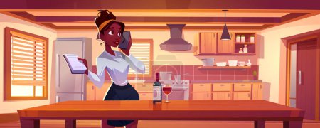 Illustration for Woman talking on phone and keeping to-do list or notebook in kitchen. Young African girl standing at table with wine in bottle and glass. Mother or housewife talking on smartphone in home dining room - Royalty Free Image