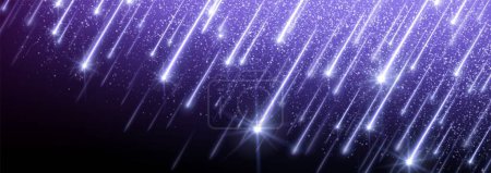 La pluie violette de comète d'espace et la prise de vue d'étoile montrent le fond vectoriel. Illustration abstraite de tempête de galaxie magique d'astéroïde ou de météorite. Conception numérique de ligne de vitesse de lumière stellaire décroissante. Impact de constellation néon