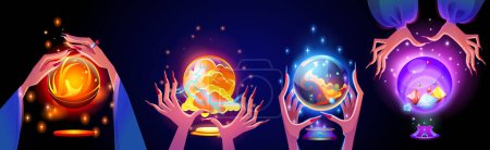 Illustration for Magic glowing fortune glass ball in female hands of diviner, magician or witch. Luminous orb during witchcraft and prediction of future. Cartoon vector illustration set of esoteric oracle shpere. - Royalty Free Image