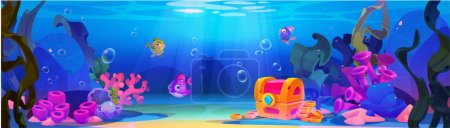 Bottom ocean underwater world with treasure chest. Seafloor fabulous landscape for tropical aquarium design. flourish aquatic deep seaweed illustration with sponge and alga plant drawing cartoon