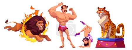 Personajes de dibujos animados de circo de artistas y animales durante la actuación. Vector hombre fuerte con bigote mostrando sus músculos, gimnasta femenina en traje, tigre en pie y león saltando a través del anillo ardiente