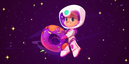 Niño lindo astronauta volando en el espacio de fantasía y sosteniendo donut grande. Vector de dibujos animados niño sonriente cosmonauta en traje espacial y casco flotando en el universo del cosmos candyland con dulce postre horneado