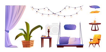 Illustration for Terrace or garden furniture cartoon set. Patio and backyard elements - armchair and swing, ottoman and pillows, tables with books and cup of tea, potted plant, curtain and garland with light bulbs. - Royalty Free Image