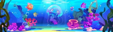 Jellyfish underwater with seaweed vector illustration. Aquarium flora and life with sponge, rock and sand. Jelly fish character swimming in deep ocean cartoon background. Abstract seafloor nature