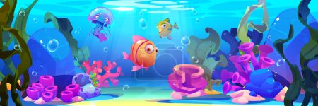 Illustration for Seabed with marine habitats and algae - cartoon underwater landscape with fishes and jellyfish, seaweeds and corals on ocean or aquarium bottom. Sea world animals and plants - aquatic creatures. - Royalty Free Image