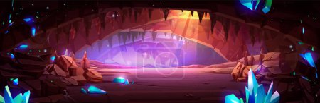 Large cave with gemstones on walls. Vector cartoon illustration of underground mine with sparkling blue mineral stones, rocky stalactites in dungeon, sunlight at exit, treasure search game background