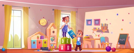 Illustration for Happy children playing in kindergarten. Vector cartoon illustration of little boy and girl characters building cube tower together, large nursery school playroom with furniture, toys, education space - Royalty Free Image