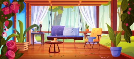 Illustration for Terrace with access to forest, wooden floor and glass walls, chair and swing, plants in pot and curtains. Cartoon patio with furniture and flowers for relax and vacation. Veranda in garden in summer. - Royalty Free Image