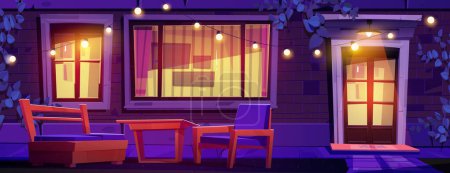 Illustration for Night house porch and door with window cartoon vector background. Country home brick wall facade exterior with bench and armchair. Outside traditional suburban cottage yard design in evening - Royalty Free Image