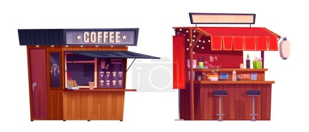 Illustration for Set of street food and drink stalls isolated on white background. Vector cartoon illustration of coffee shop with paper cup and sugar sticks near window, asian cuisine kiosk with bowl of hot soup - Royalty Free Image