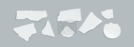 Illustration for Realistic set of white paper pieces isolated on grey background. Vector illustration of abstract shape sheets with torn uneven edges, destroyed blank photo template, waste material for recycling - Royalty Free Image