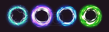 Ilustración de Círculo portal de luz mágica con efecto de brillo de neón. 3d azul energía ronda remolino vector abstracto. Velocidad vórtice onda elemento llamarada. Teletransporte multiverso espiral futurista con relámpago y túnel eléctrico - Imagen libre de derechos