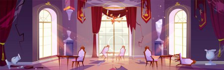 Illustration for Abandoned and broken ballroom interior. Cartoon vector of destroyed and deserted banquet hall with smashed tables and chairs, torn curtains and pennants, cracks on walls, garbage and cobwebs. - Royalty Free Image