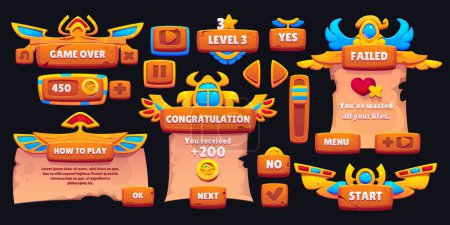 Egyptian ui game interface cartoon vector icon. Egypt menu design element set with level frame, progress bar, papyrus congratulation popup and failed sign. 2d wooden casual app concept with scroll