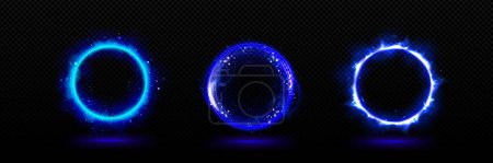 Ilustración de Efecto de resplandor de luz mágica azul de neón 3D en el portal círculo. Resplandor de energía de anillo vectorial abstracto. Marco eléctrico radial de teletransporte aislado con brillo y vapor. Misterioso fuego circular luminoso con humo - Imagen libre de derechos
