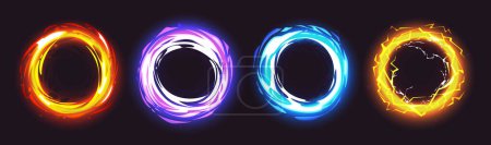 Ilustración de Conjunto de efectos de luz portal mágico aislado sobre fondo negro. Ilustración de dibujos animados vectoriales de naranja, amarillo, azul, círculos púrpura con fuego, hielo, textura de potencia del rayo, marco de teletransporte a mundo de fantasía - Imagen libre de derechos