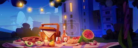 Picnic dinner in night city park. Vector cartoon illustration of appetizing fruit and cheese, bottle of wine and glasses on lawn, romantic date against urban background, garland lights, starry sky