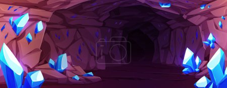Cueva oscura con piedras preciosas azules en las paredes. Vector ilustración de dibujos animados de túnel de mina subterránea con piedras de diamante brillante, estalactitas minerales rocosas en la mazmorra, fondo del juego de búsqueda de tesoros