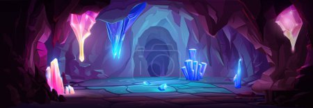 Cueva del tesoro con cristales azules en las paredes. Ilustración de dibujos animados vectoriales del túnel subterráneo de la mina con piedras de gema de diamante brillante, estalactitas minerales rocosas en el techo en la mazmorra, fondo del juego