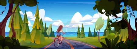 Téléchargez les illustrations : Femme à vélo dans la route forestière près de la mer nature vue arrière fond vectoriel. Fille faire du vélo sur le chemin de l'eau de mer en week-end d'été. Pin arbre et herbe verte environnement extérieur décor design - en licence libre de droit