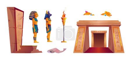 Illustration for Set of Egyptian pyramid interior design elements isolated on white background. Vector cartoon illustration of ancient pharaoh tomb, ancient pictures on stone wall, human statues, piles of money, torch - Royalty Free Image