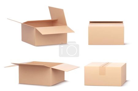 Illustration for 3d open empty delivery cardboard box vector icon. Isolated brown parcel package for shop or warehouse. Realistic render of paper product container set. Close and tape logistic recycle storage mockup - Royalty Free Image