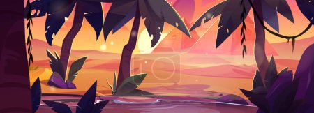 Lac au coucher du soleil dans un désert sablonneux avec d'anciennes pyramides. Illustration vectorielle de dessin animé d'un petit étang entouré de palmiers exotiques, paysage de dunes orange, coucher de soleil à l'horizon, fond de jeu de voyage