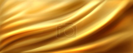 Ilustración de Fondo de tela de seda dorada. Ilustración realista vectorial de tela de satén amarillo con textura brillante suave, material textil suave de lujo con superficie ondulada, cortina con pliegues abstractos, pintura líquida - Imagen libre de derechos