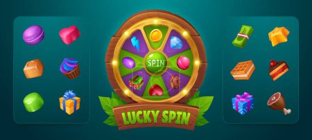 Spin game user interface design element. Wooden lucky wheel or casino fortune roulette decorated with lights with collection of prizes icons. Cartoon vector illustration of gui for rotational gambling