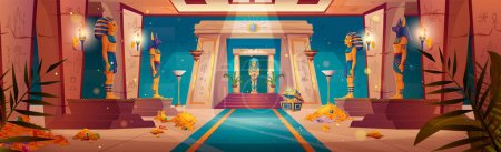 Illustration for Egyptian pharaoh tomb with standing sarcophagus, hieroglyphics and wealth. Cartoon vector illustration of Egypt pyramid interior with mummy, pile of golden coins and treasure, ancient signs. - Royalty Free Image