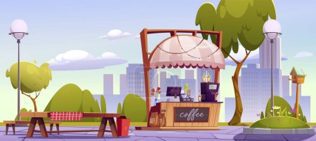 Street cafe with coffee in public city park. Cartoon vector summer or spring landscape of town garden with green trees, kiosk with hot drinks and table with bench on background of multistory buildings