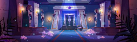 Egyptian pharaoh temple with treasure and tomb. Night ancient Egypt palace background. pyramid inside room interior with sarcophagus, torch fire, hieroglyphics on wall and magic moonlight sparkle.
