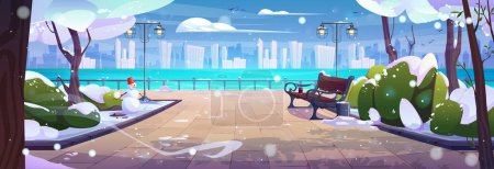 Snow winter park with embankment and sea view. Snowy street and bench in forest scene landscape cartoon illustration. Cold wintertime season Christmas day cityscape with road in public garden.