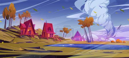 Illustration for Hurricane in village with wooden houses near lake. Vector cartoon illustration of autumn landscape, small lakeside huts on hill, dangerous tornado vortex raging in neighborhood, yellow foliage in air - Royalty Free Image