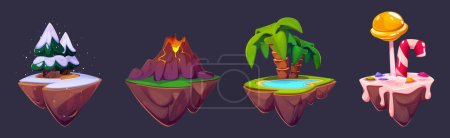 Set of floating islands for game ui isolated on black background. Vector cartoon illustration of flying land pieces with Christmas tree, volcano eruption, palm tree and lake, sweet cream and lollipop