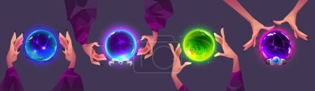Magic glass crystal ball and hand for telling future fortune. Predict sphere for divination cartoon paranormal icon set. Witch prediction globe float spirit. Mystic gypsy prophet charm glow element