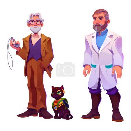 Senior professor, male scientist in white coat, egyptian black cat isolated on white background. Vector cartoon illustration of male characters for game design, animal with golden necklace, backpack