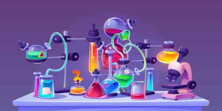 Laborgeräte während chemischer oder medizinischer Experimente. Glasbecher und Flaschen mit bunten Flüssigkeiten, Pfeifen und Mikroskop auf dem Tisch. Forschungsgläser und Materialien für Laborräume.
