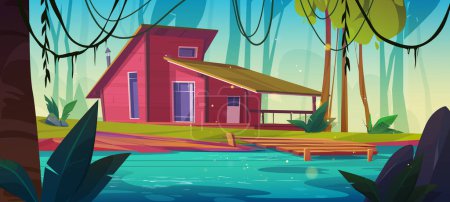 Illustration for Wooden house on shore of lake or river in forest. Cartoon landscape with trees and bushes, water pond and cozy wood cabin or countryside chalet with pier for fishing. Shack for camping and vacation. - Royalty Free Image