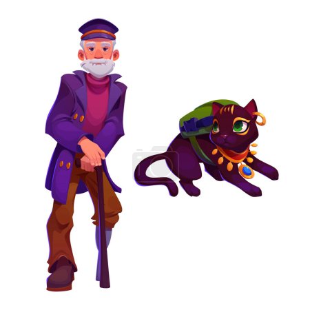 Illustration for Old sailor captain one leg and cat character vector. Yacht admiral clipart drawing and cute black pet with gold jewellery and backpack. Retro fisherman corsair in costume with hat png picture. - Royalty Free Image