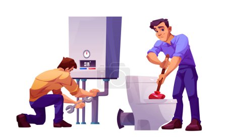 Illustration for Plumber worker repair toilet and boiler home maintenance illustration set. Technician house service character installation or renovation bathroom. Housework assistance workman fix heater pipeline - Royalty Free Image