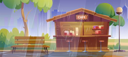Café al aire libre en el parque de la ciudad con ilustración de vectores de lluvia. Cafetería exterior bar con café, y silla. Escena lluviosa de verano con fondo de fachada frontal bistro. charco de agua en la carretera cerca del banco