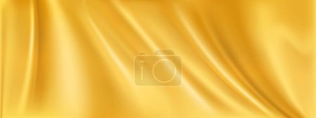 Ilustración de Textura de seda dorada, fondo de tela de satén líquido amarillo brillante. Material de onda de tela abstracta con pliegue de cortinas. Diseño de patrón de cortina textil sedoso dorado. 3d hermoso elegancia premio fondo de pantalla - Imagen libre de derechos