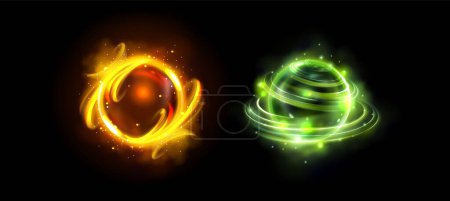Ilustración de Magia brillante orbe - activos de juego de fuego amarillo y esferas de energía verde. Conjunto realista de ilustración vectorial de bolas de energía eléctrica con efecto neón. Globo de fantasía con círculos de plasma luminoso. - Imagen libre de derechos