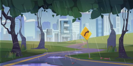 Camino sinuoso a la ciudad con letreros, bosques y hierba bajo la lluvia. Dibujos animados vector paisaje panorámico con carretera de asfalto vacío con charcos de campo a rascacielos en la ciudad bajo la caída de agua de lluvia.