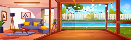 Illustration for Poolside in backyard with wooden patio and fence, and living room interior with sofa. Cartoon vector countryside house scene with terrace for relax, swimming pool in courtyard and lounge area. - Royalty Free Image