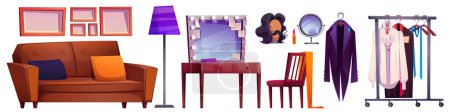 Illustration for Theater backstage design elements isolated on white background. Vector cartoon illustration of dressing room furniture, makeup mirror, show costumes on rack, male wig and moustache on mannequin head - Royalty Free Image