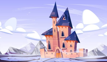 Winter-Fantasieschloss im Königreich mit Schnee-Cartoon-Hintergrund. Gefrorene magische Märchenpalast für Prinzessin Illustration. Straße zur Festung durch wunderschönes schneebedecktes Berg- und Felsgelände