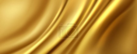 Ilustración de Fondo de tela de satén dorado. Ilustración realista vectorial de tela de seda amarilla con textura brillante suave, material textil suave de lujo con superficie ondulada, cortina con pliegues abstractos, pintura líquida - Imagen libre de derechos